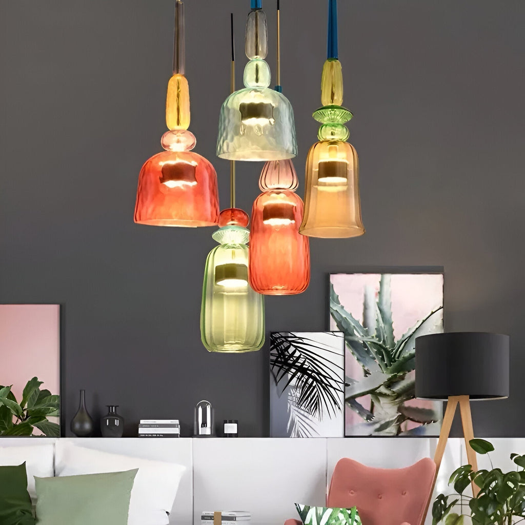 Lampada a sospensione in vetro colorato pastello con paralume a campana