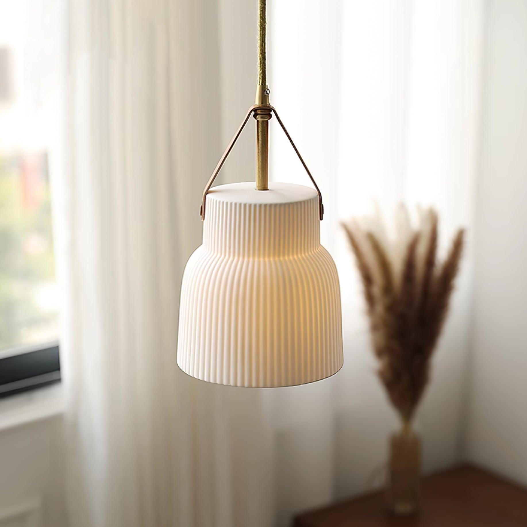 Lampadario Lorento – Ceramica & Pelle – Bianco/Oro/Arancione – Ø 30 cm – Design Elegante per Sala da Pranzo e Soggiorno