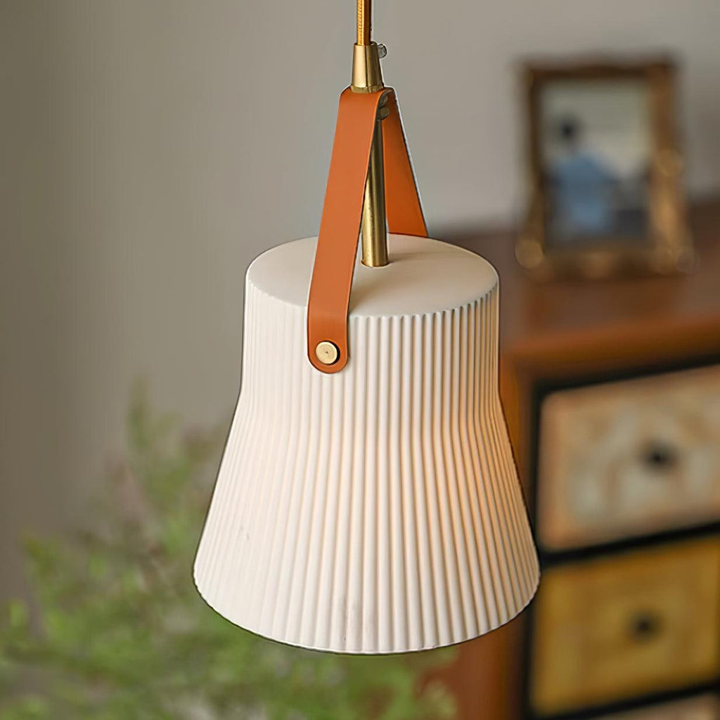 Lampadario Lorento – Ceramica & Pelle – Bianco/Oro/Arancione – Ø 30 cm – Design Elegante per Sala da Pranzo e Soggiorno