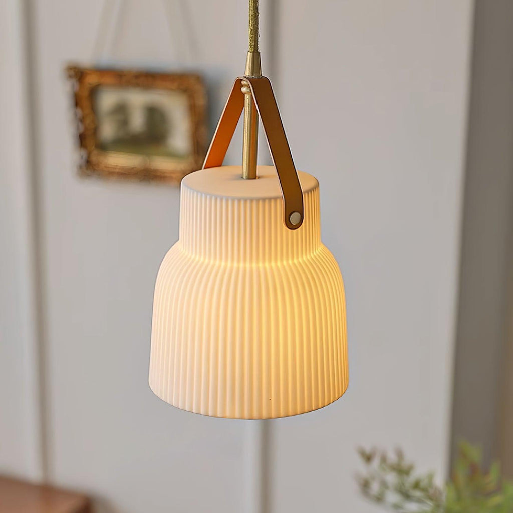Lampadario Lorento – Ceramica & Pelle – Bianco/Oro/Arancione – Ø 30 cm – Design Elegante per Sala da Pranzo e Soggiorno