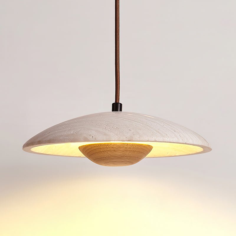 Lampada a sospensione – Legno di gomma & Travertino – Giallo – Ø 30 cm – Design moderno per un'illuminazione elegante sopra il tavolo da pranzo