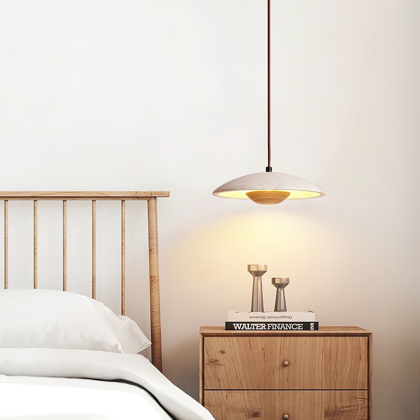Lampada a sospensione – Legno di gomma & Travertino – Giallo – Ø 30 cm – Design moderno per un'illuminazione elegante sopra il tavolo da pranzo