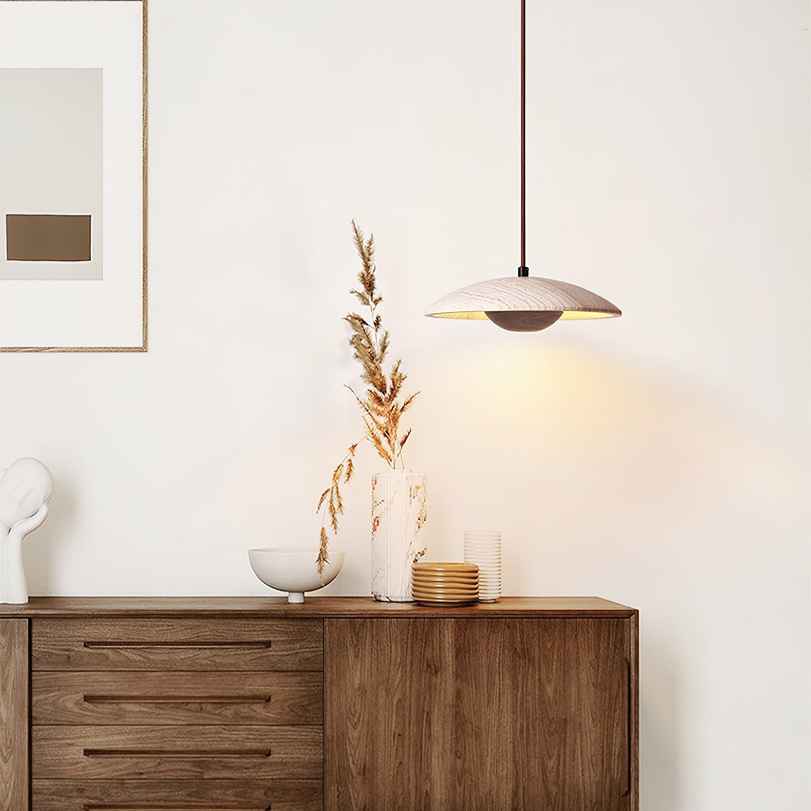 Lampada a sospensione – Legno di gomma & Travertino – Giallo – Ø 30 cm – Design moderno per un'illuminazione elegante sopra il tavolo da pranzo