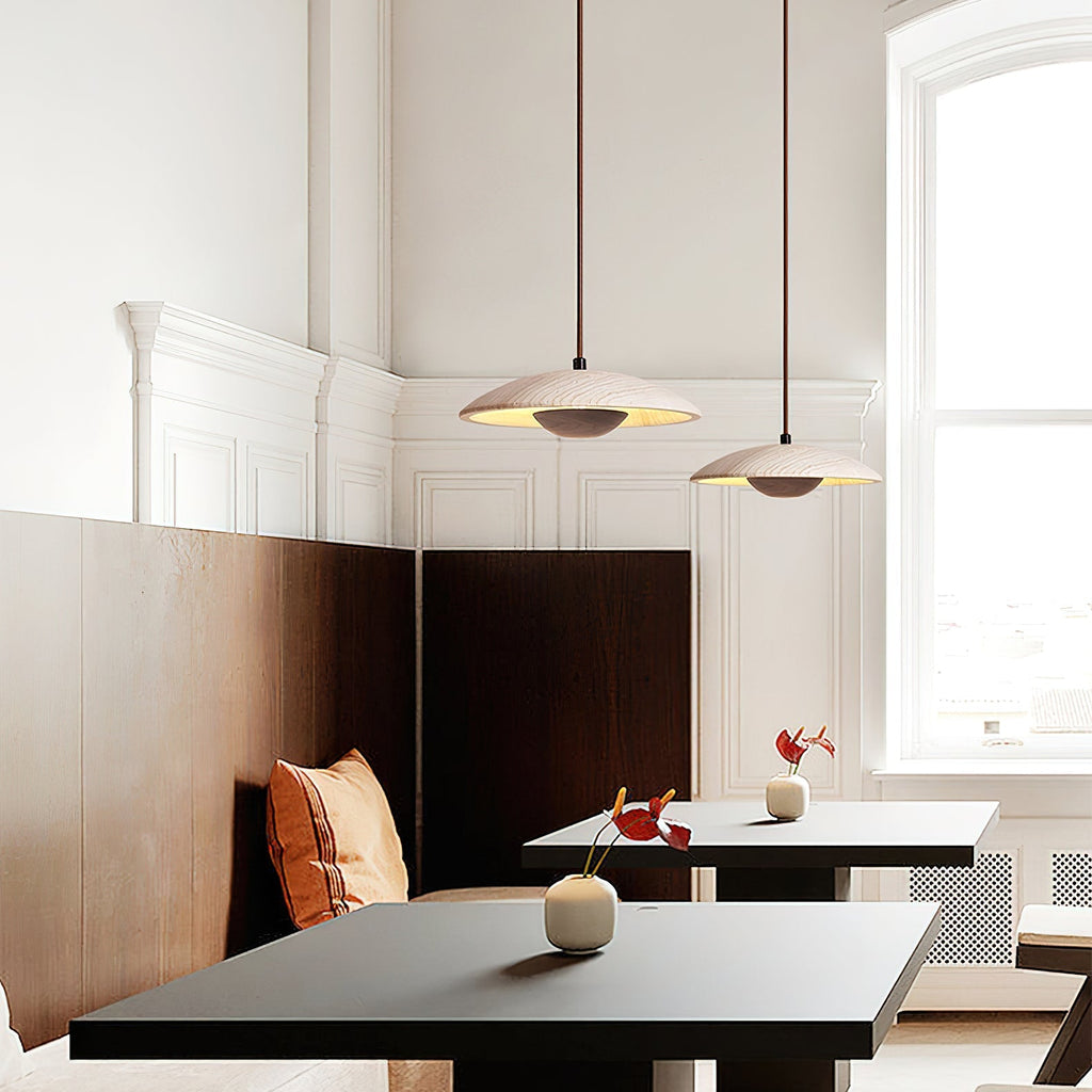 Lampada a sospensione – Legno di gomma & Travertino – Giallo – Ø 30 cm – Design moderno per un'illuminazione elegante sopra il tavolo da pranzo