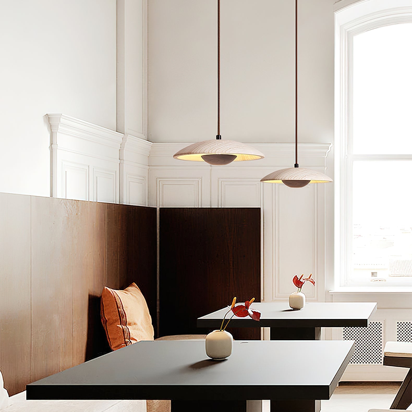 Lampada a sospensione – Legno di gomma & Travertino – Giallo – Ø 30 cm – Design moderno per un'illuminazione elegante sopra il tavolo da pranzo