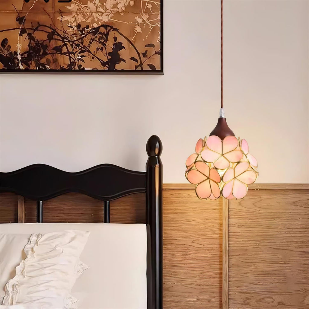 Lampadario – Legno e Vetro Rosa – 50×50 cm – Design Elegante per Sala da Pranzo e Soggiorno