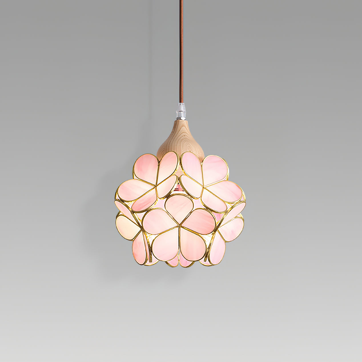 Lampadario – Legno e Vetro Rosa – 50×50 cm – Design Elegante per Sala da Pranzo e Soggiorno