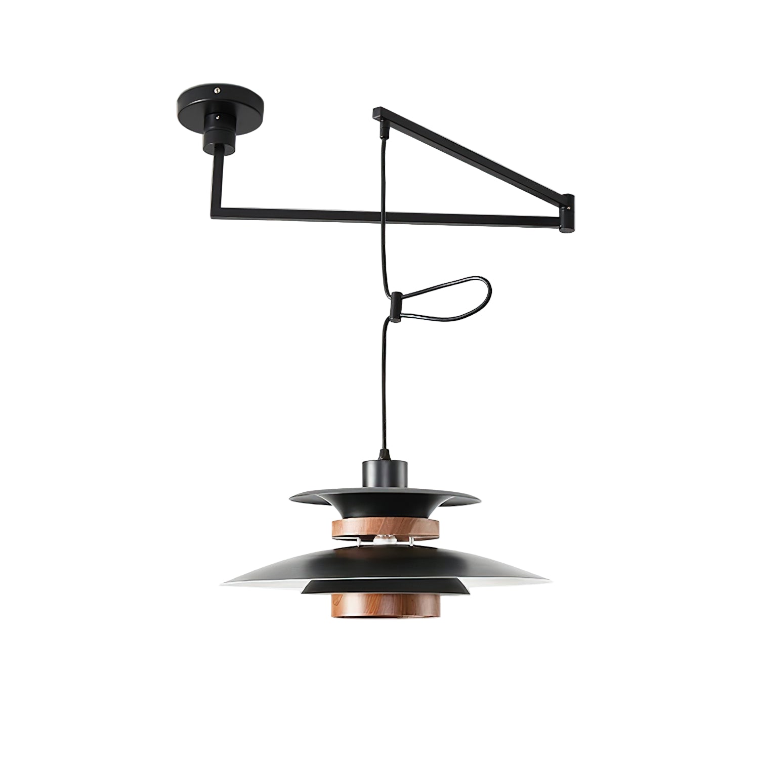 Lampada a sospensione – Metallo e legno – Nero – Altezza regolabile – Design scandinavo per sala da pranzo e soggiorno