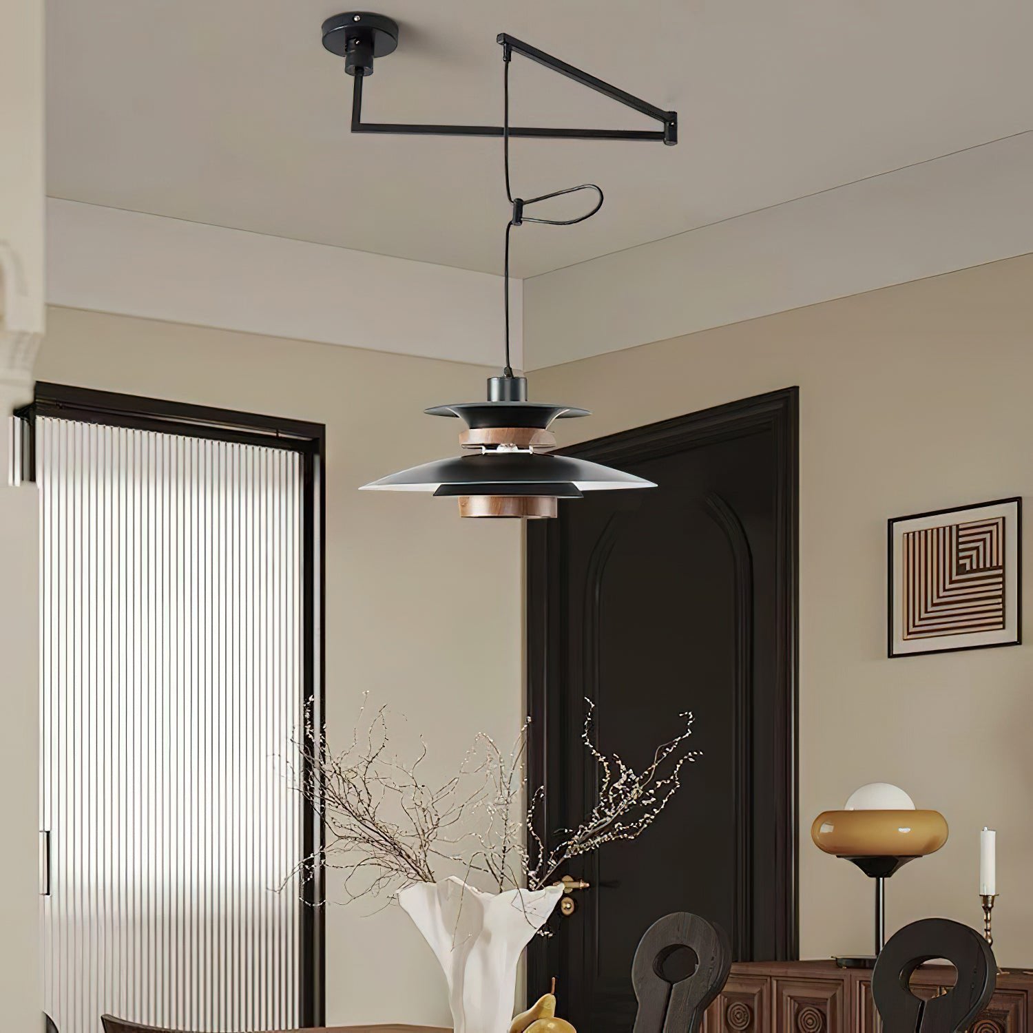 Lampada a sospensione – Metallo e legno – Nero – Altezza regolabile – Design scandinavo per sala da pranzo e soggiorno