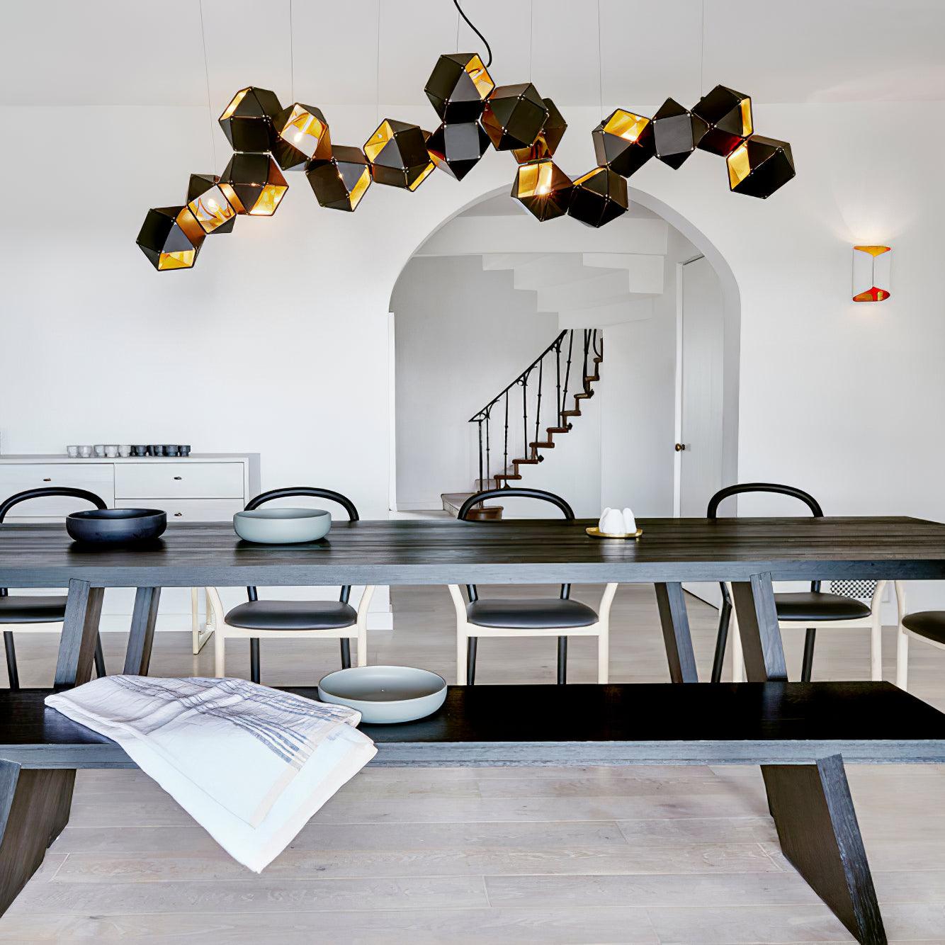 Lampadario – Metallo e Vetro – Nero con Oro – 6/8/10 Punti Luce – Design Geometrico Moderno per Sala da Pranzo