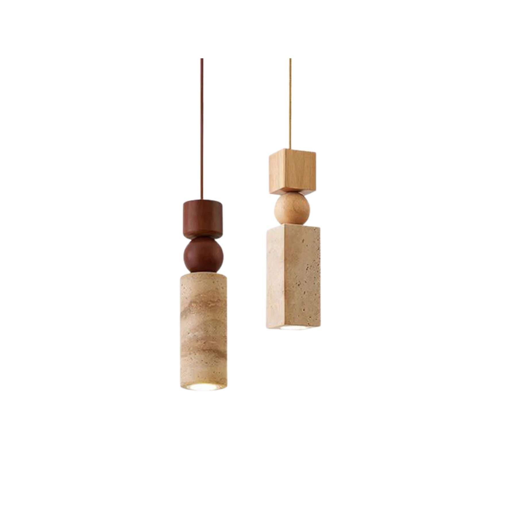 Lampadario – Travertino & Legno – Colori Naturali – Scultoreo – Moderno – Ideale per Tavolo da Pranzo e Soggiorno