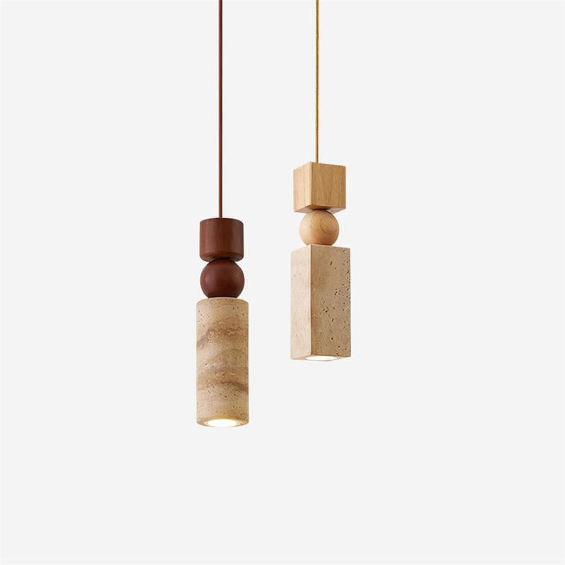 Lampadario – Travertino & Legno – Colori Naturali – Scultoreo – Moderno – Ideale per Tavolo da Pranzo e Soggiorno