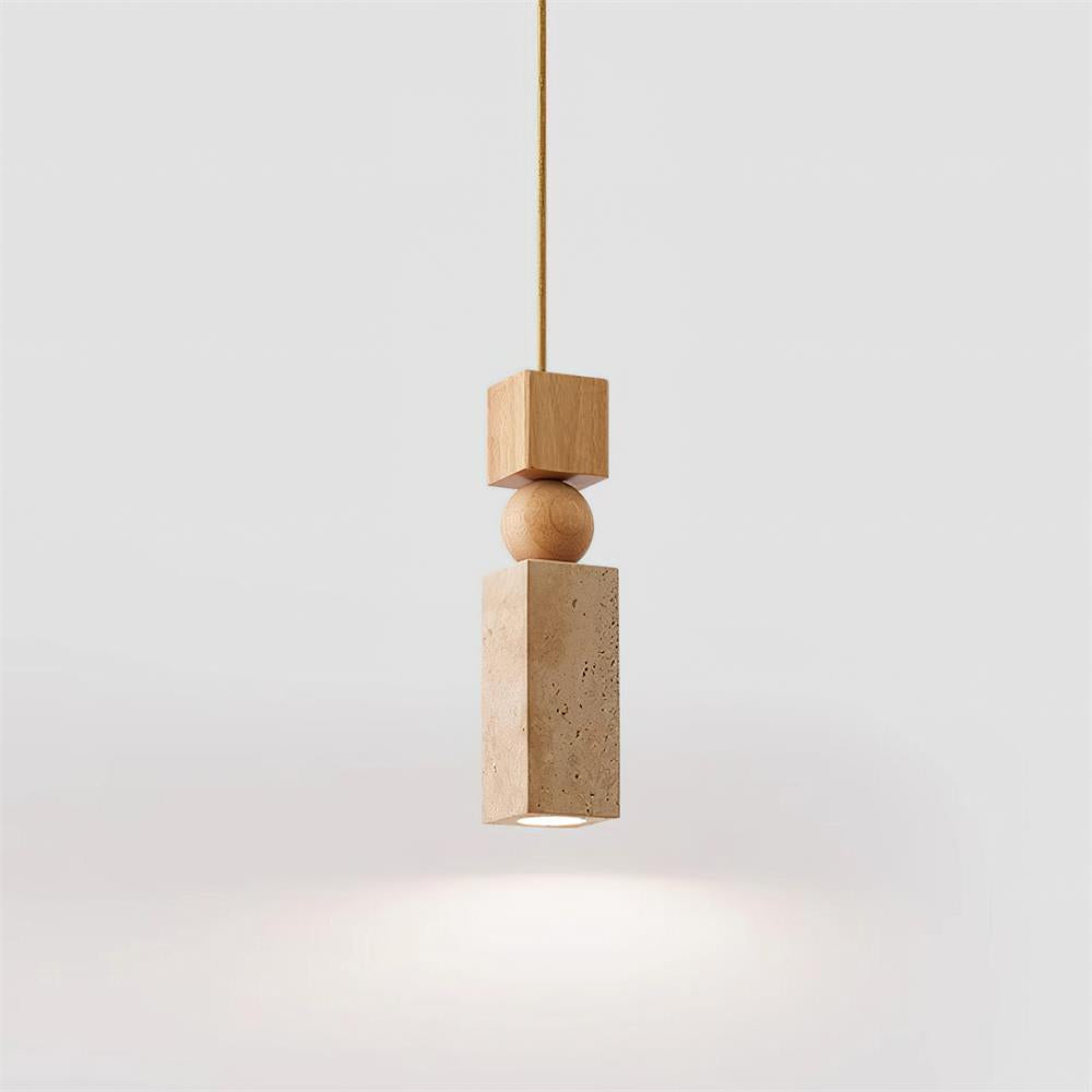 Lampadario – Travertino & Legno – Colori Naturali – Scultoreo – Moderno – Ideale per Tavolo da Pranzo e Soggiorno