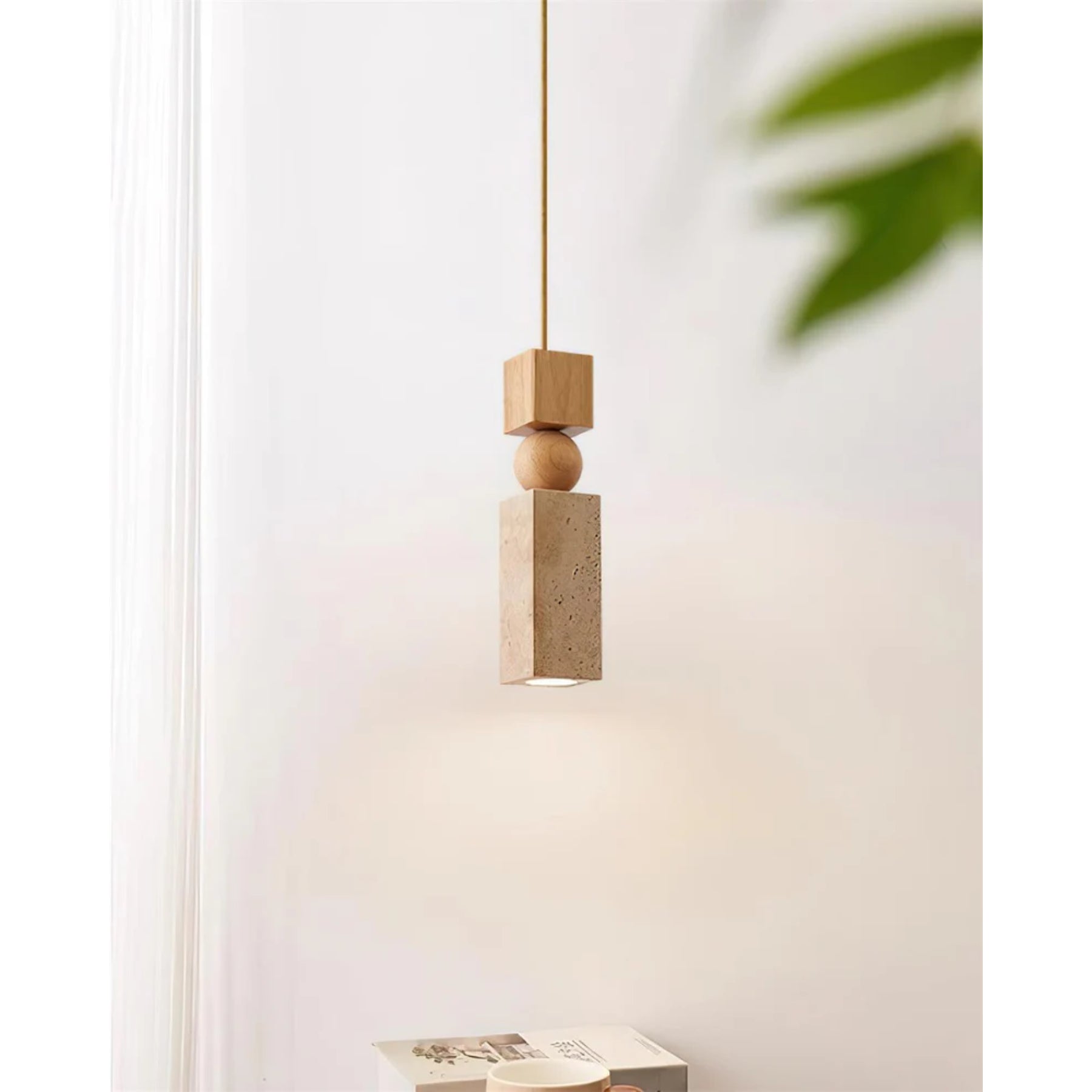Lampadario – Travertino & Legno – Colori Naturali – Scultoreo – Moderno – Ideale per Tavolo da Pranzo e Soggiorno