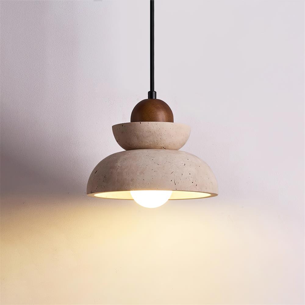 Lampada a sospensione – Travertino e legno – Beige – Ø 30 cm – Design moderno per tavolo da pranzo e soggiorno