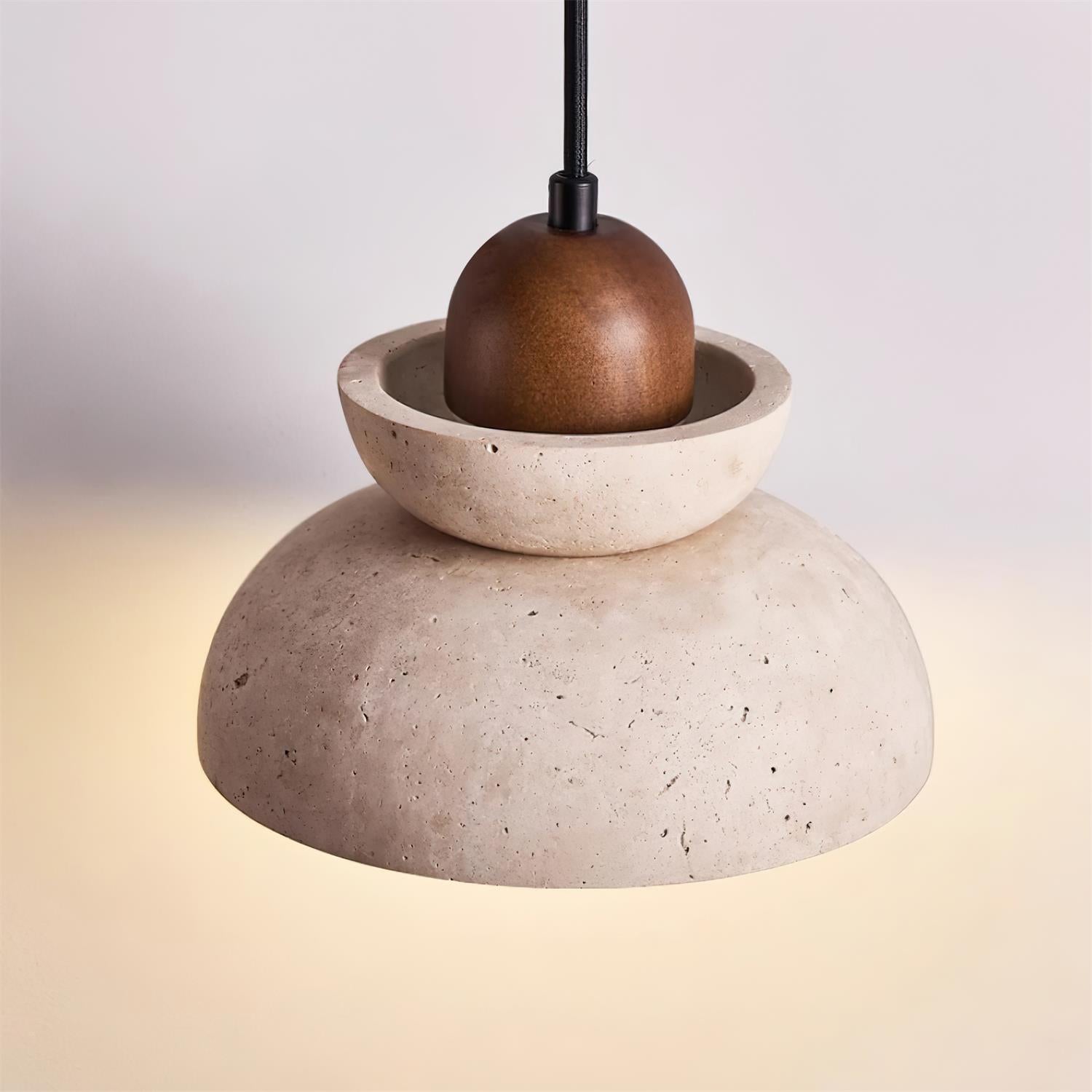 Lampada a sospensione – Travertino e legno – Beige – Ø 30 cm – Design moderno per tavolo da pranzo e soggiorno