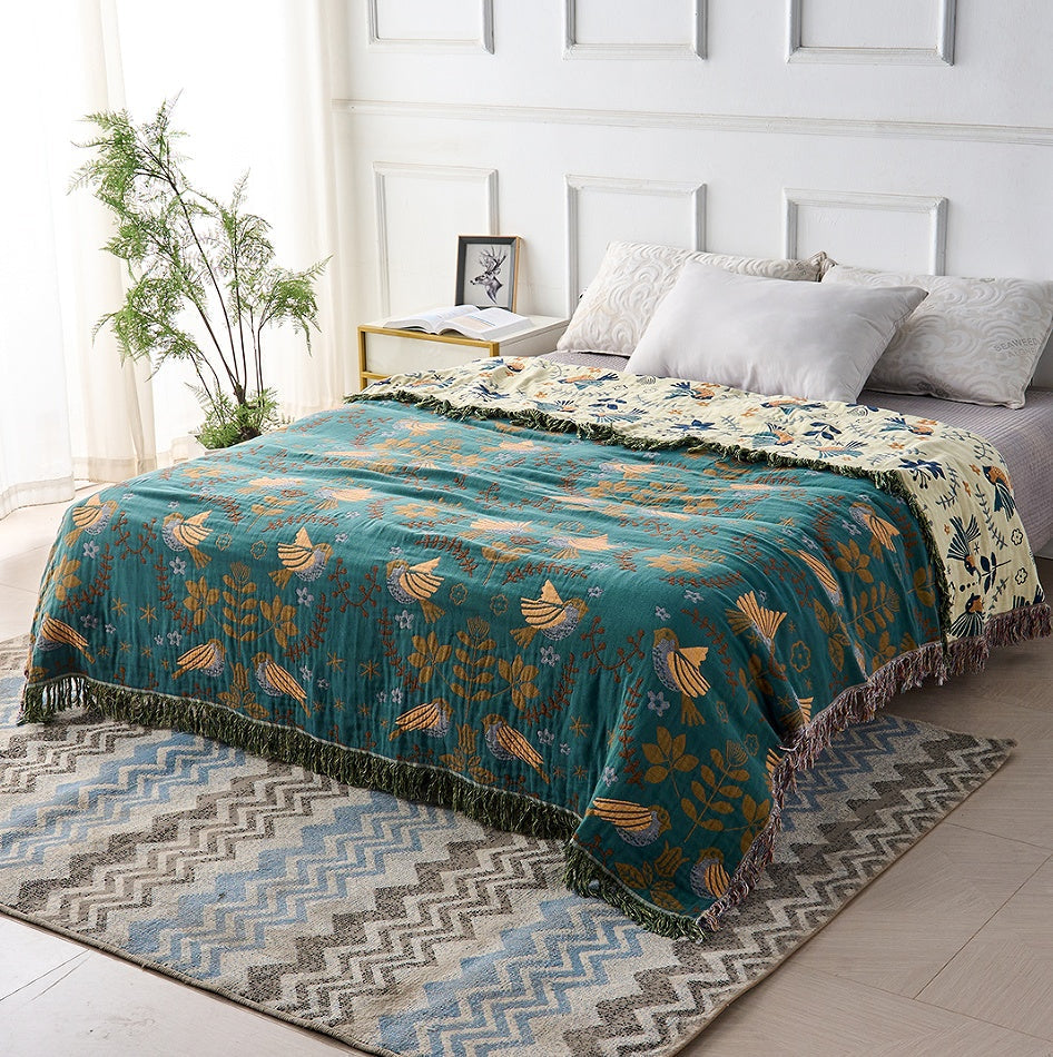 Coperta Reversibile in Jacquard con Uccelli - 100% Cotone