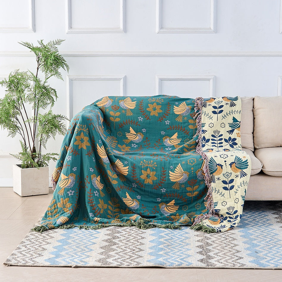 Coperta Reversibile in Jacquard con Uccelli - 100% Cotone