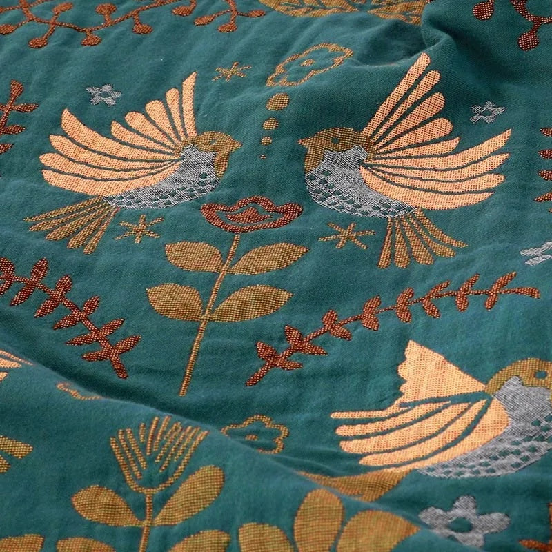 Coperta Reversibile in Jacquard con Uccelli - 100% Cotone