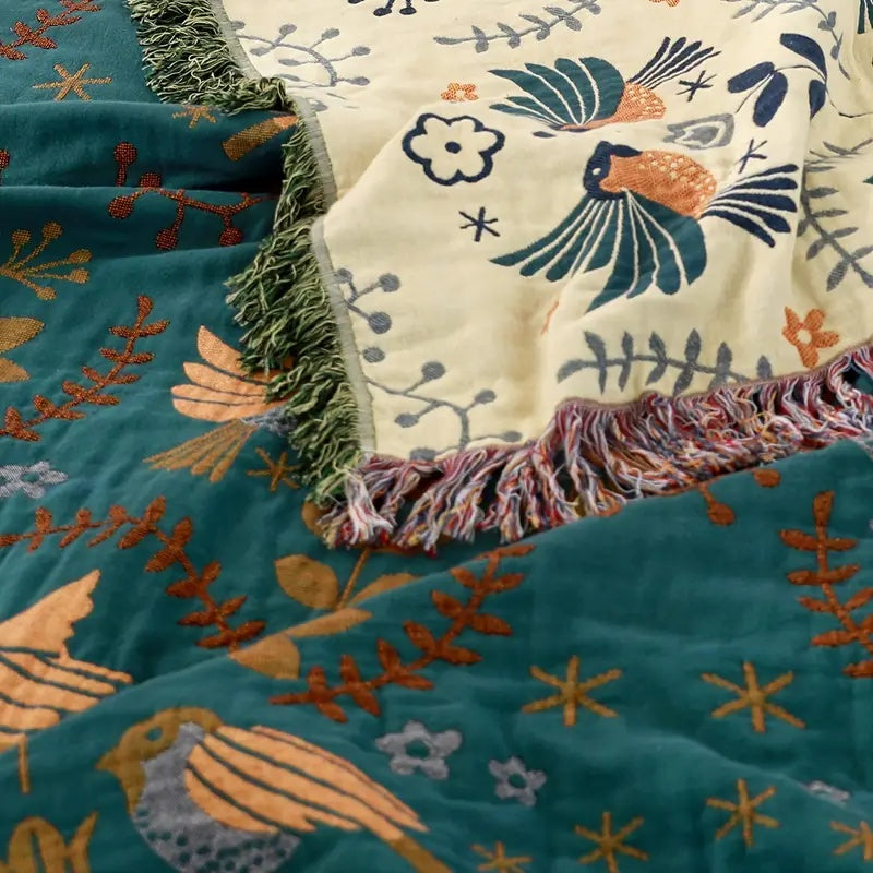 Coperta Reversibile in Jacquard con Uccelli - 100% Cotone