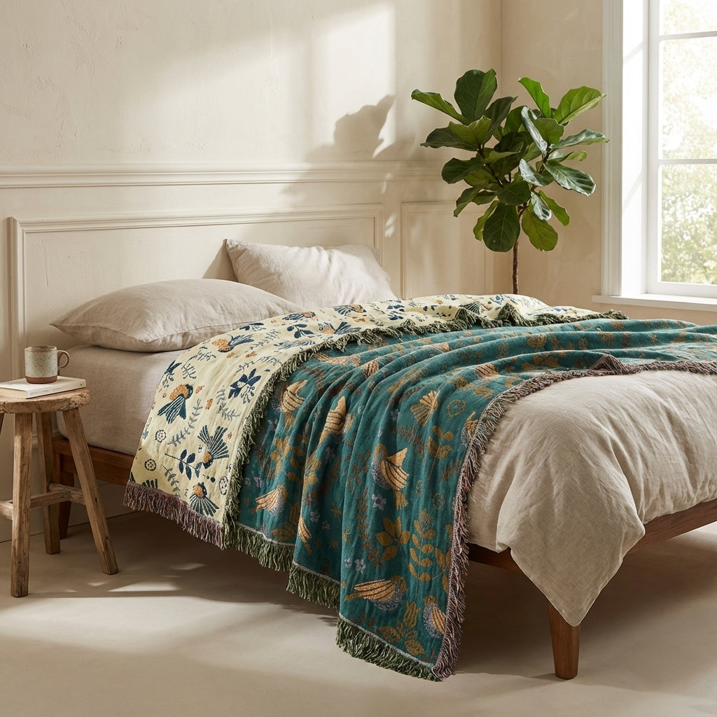 Coperta Reversibile in Jacquard con Uccelli - 100% Cotone