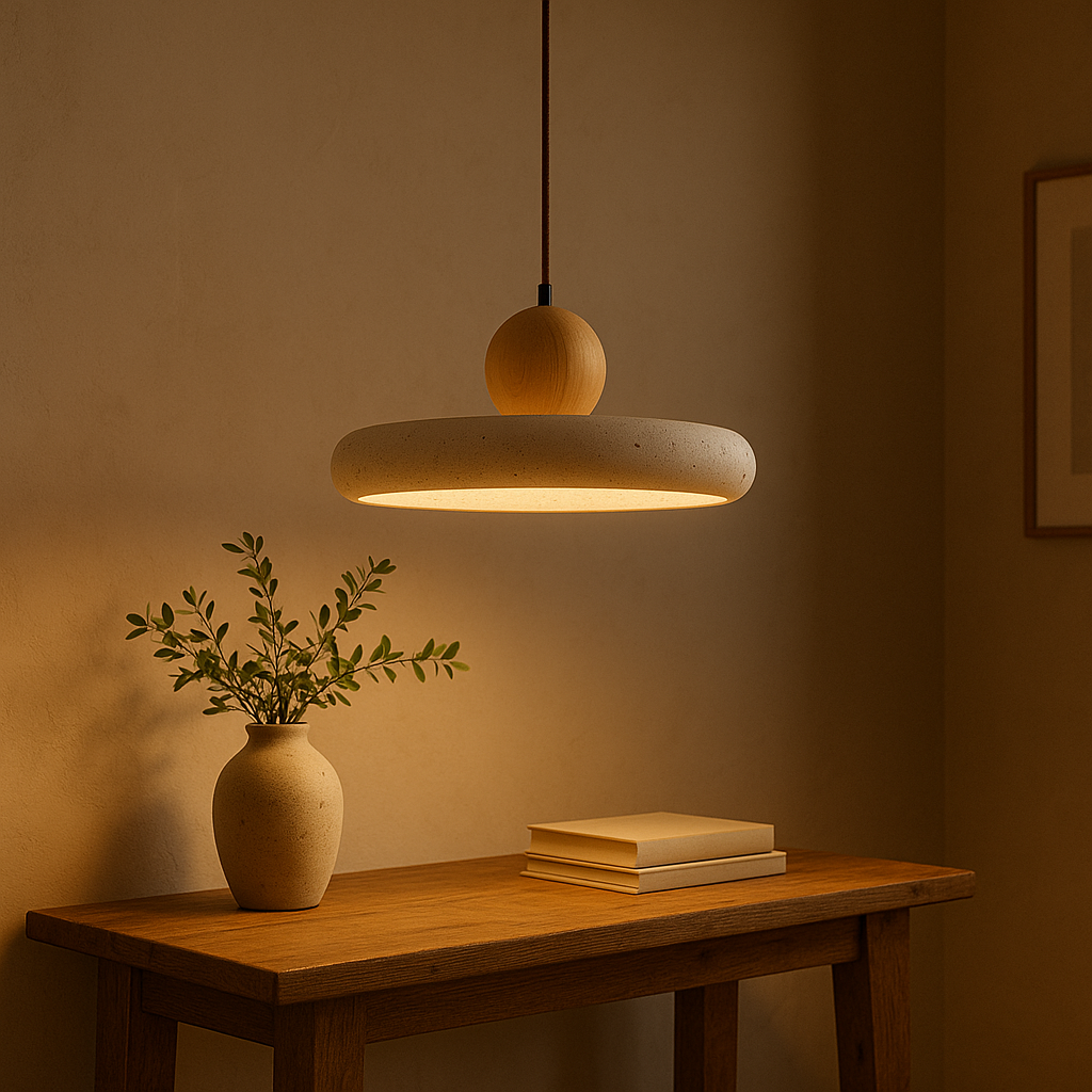 Lampada a sospensione in Travertino Rustico con Accento in Legno