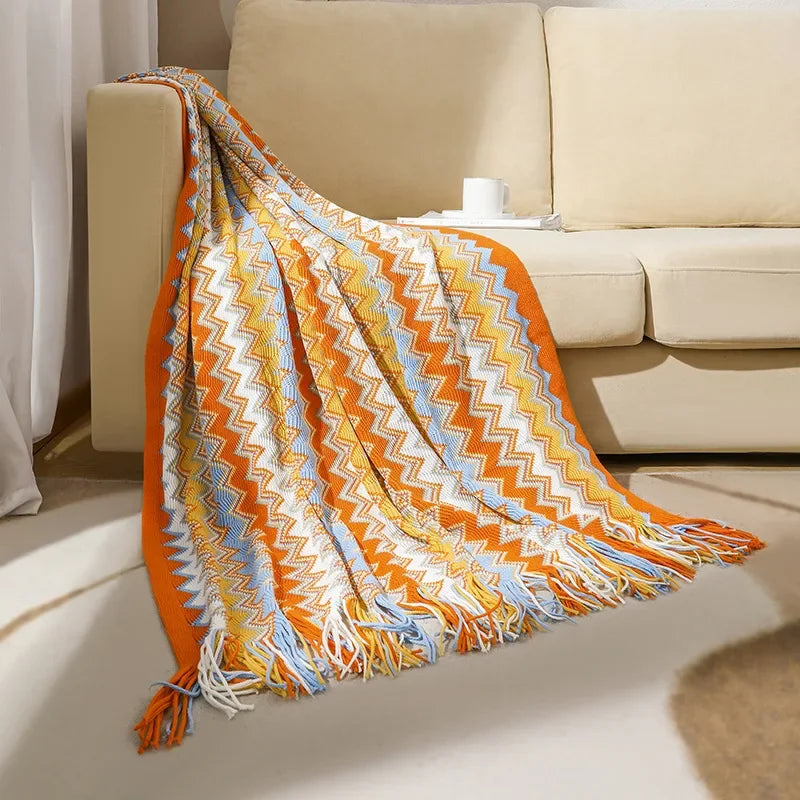 Coperta Boho a Quadri con Frange – Morbida Coperta con Motivo Geometrico in Colori Caldi