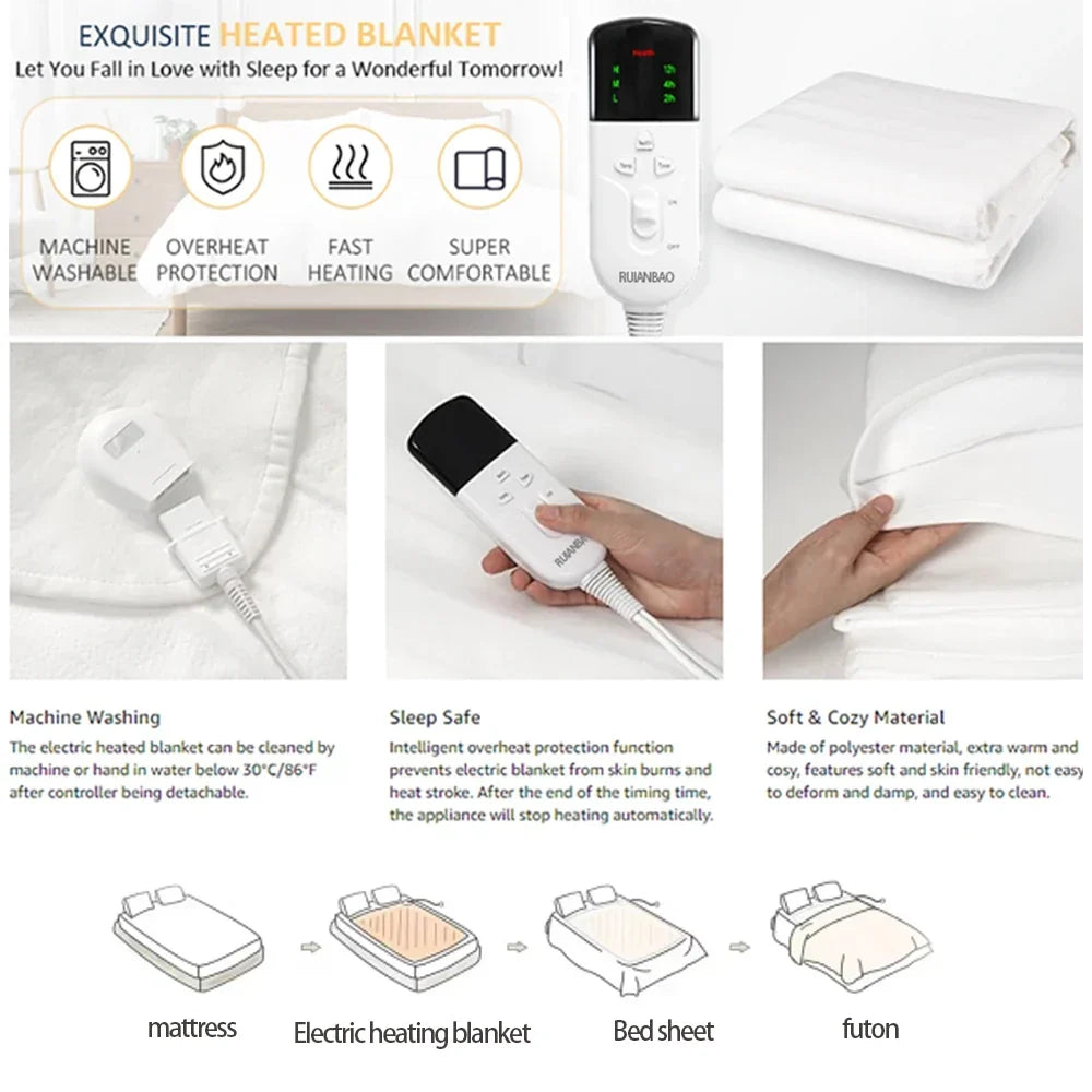 Coperta Elettrica 150×80 cm – 3 Livelli di Calore, Timer e Sicurezza