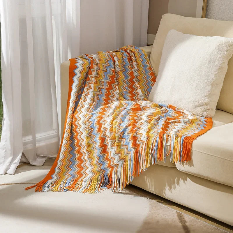 Coperta Boho a Quadri con Frange – Morbida Coperta con Motivo Geometrico in Colori Caldi