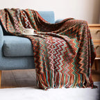 Coperta Boho a Quadri con Frange – Morbida Coperta con Motivo Geometrico in Colori Caldi