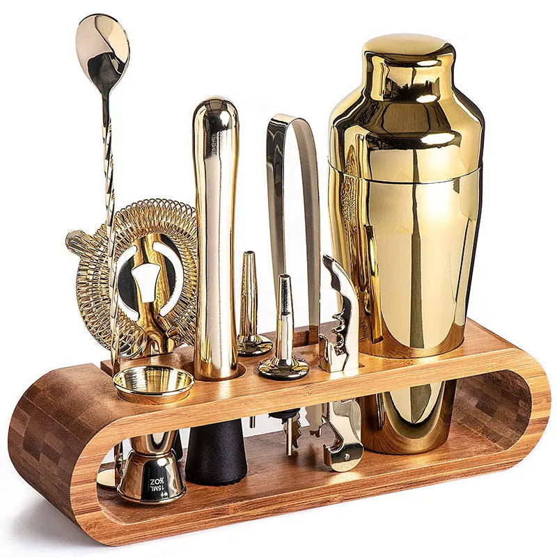 Set di Shaker per Cocktail in Acciaio Inossidabile con Supporto in Bambù