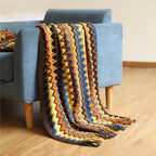Coperta Boho a Quadri con Frange – Morbida Coperta con Motivo Geometrico in Colori Caldi