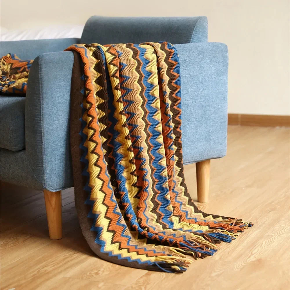 Coperta Boho a Quadri con Frange – Morbida Coperta con Motivo Geometrico in Colori Caldi