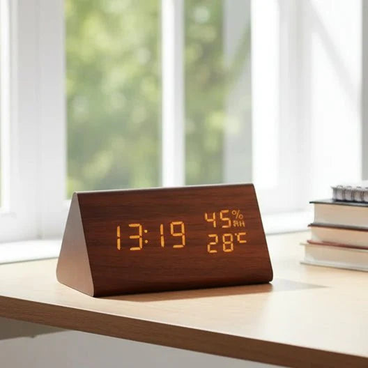 Futura Orologio Sveglia Effetto Legno LED Con Tre Allarmi Indicatore di Temperatura Luminosità Regolabile
