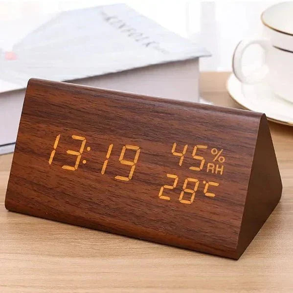 Futura Orologio Sveglia Effetto Legno LED Con Tre Allarmi Indicatore di Temperatura Luminosità Regolabile