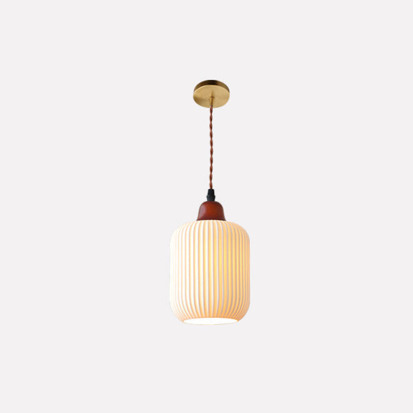 Lampada a sospensione tradizionale giapponese in ceramica con cupola rotonda piegata, legno massello e ferro, 1 luce per soggiorno e camera da letto