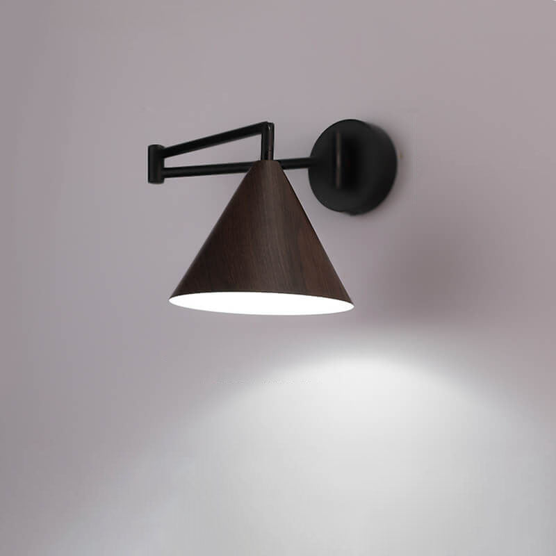 Applique da parete in ferro con braccio a sospensione a cono nordico contemporaneo in legno 1 luce per camera da letto