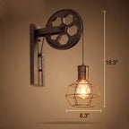 Applique da parete in ferro e legno vintage tradizionale con pulleys a 1 luce