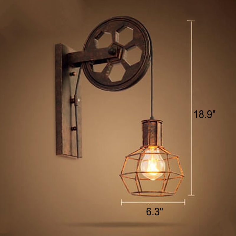 Applique da parete in ferro e legno vintage tradizionale con pulleys a 1 luce