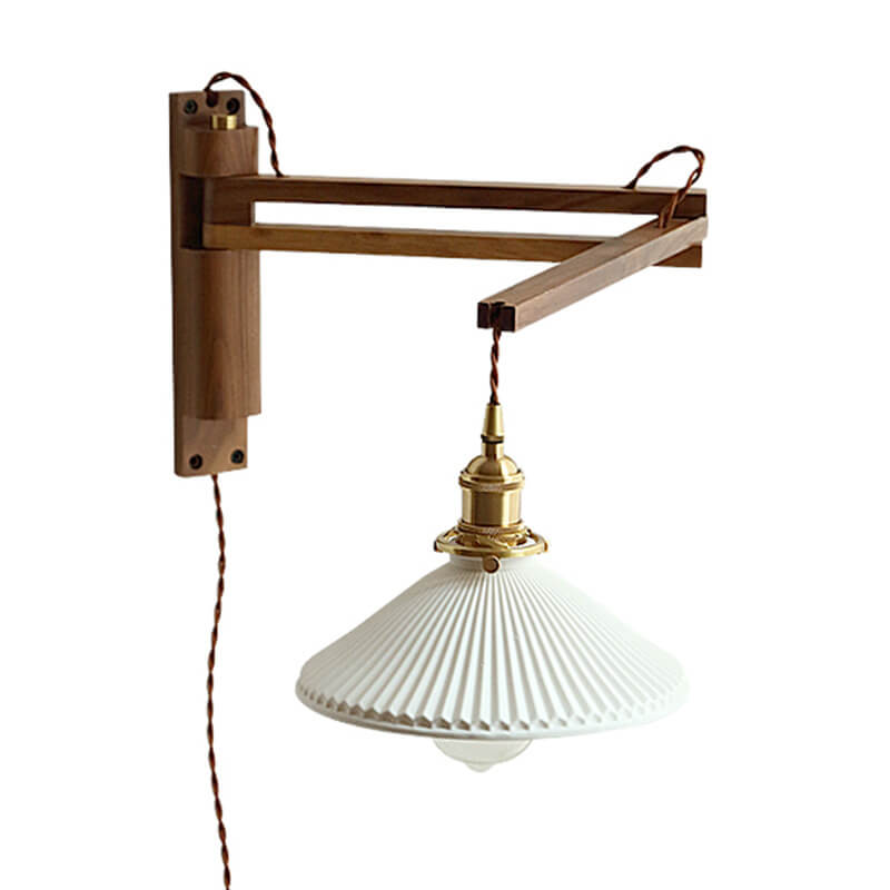 Applique da parete a 1 luce retrattile in vetro bianco a strisce nordiche con noce