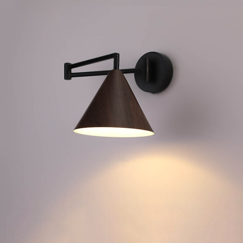 Applique da parete in ferro con braccio a sospensione a cono nordico contemporaneo in legno 1 luce per camera da letto