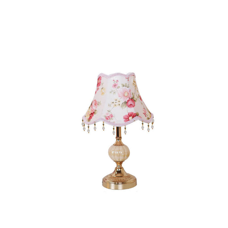 Lampada da Tavolo Tradizionale Vintage in Tessuto Floreale con Placcatura in Vetro per Camera da Letto