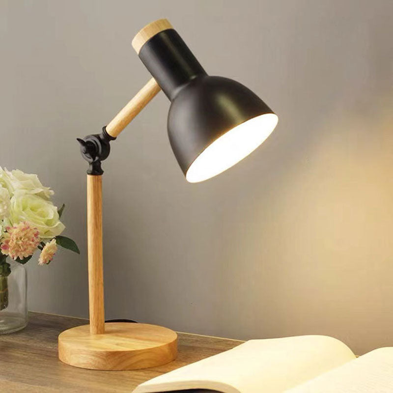 Lampada da Tavolo a 1 Luce con Base in Legno e Ombrello Semicircolare in Ferro Nordic Contemporaneo per Studio