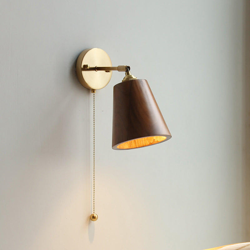 Applique da Parete Lampada a Sospensione Contemporanea Scandinava a Cono Rotondo in Rame e Legno con 1 Luce per Camera da Letto