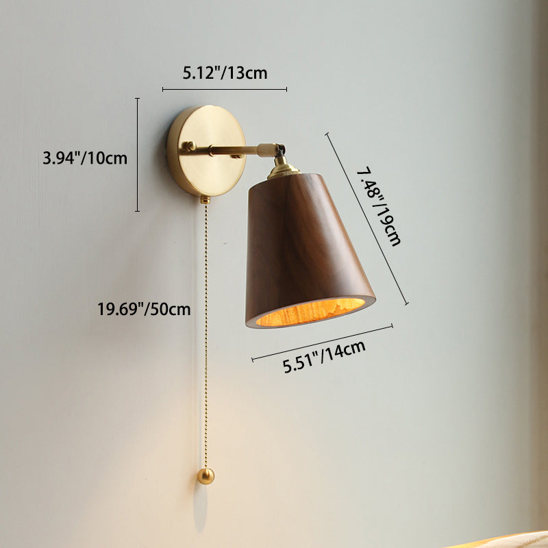 Applique da Parete Lampada a Sospensione Contemporanea Scandinava a Cono Rotondo in Rame e Legno con 1 Luce per Camera da Letto