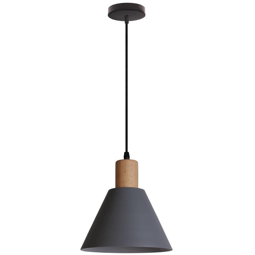 Lampada a sospensione tradizionale vintage in ferro e legno massello con paralume rotondo a cono per soggiorno