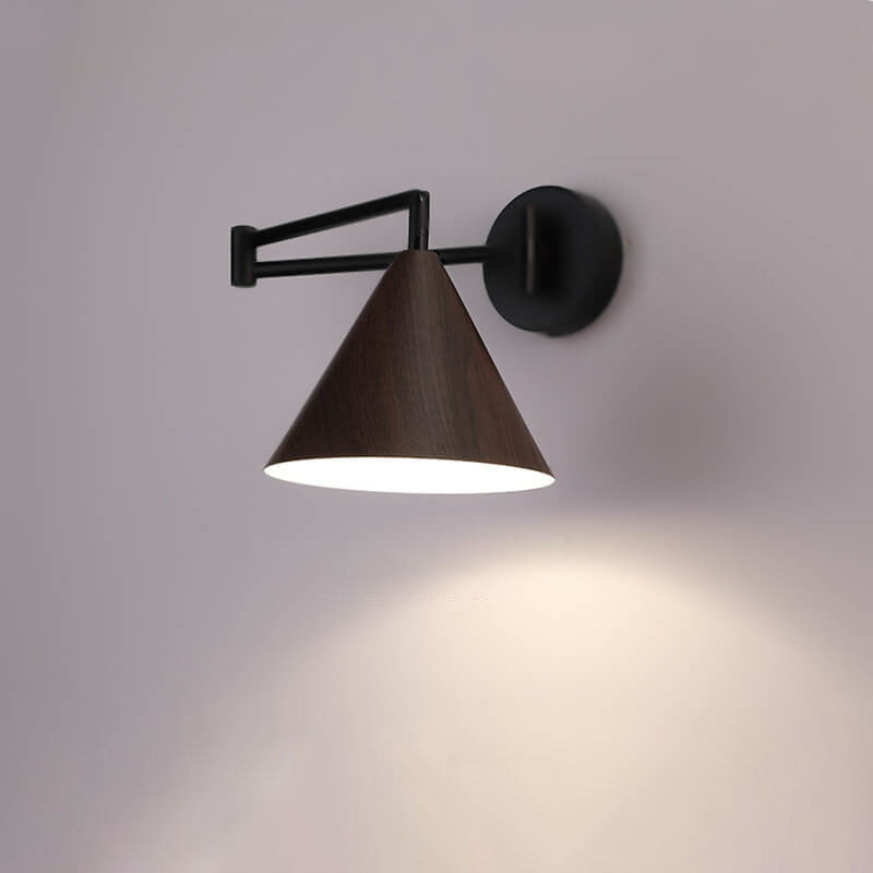 Applique da parete in ferro con braccio a sospensione a cono nordico contemporaneo in legno 1 luce per camera da letto