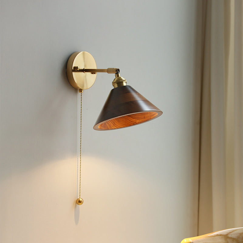Applique da Parete Lampada a Sospensione Contemporanea Scandinava a Cono Rotondo in Rame e Legno con 1 Luce per Camera da Letto