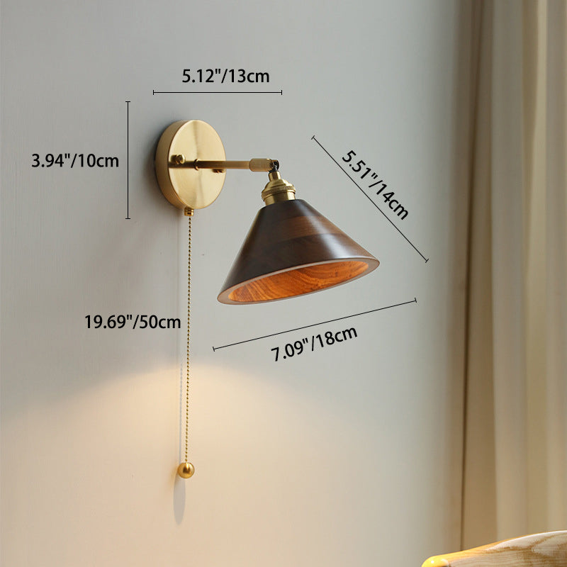 Applique da Parete Lampada a Sospensione Contemporanea Scandinava a Cono Rotondo in Rame e Legno con 1 Luce per Camera da Letto