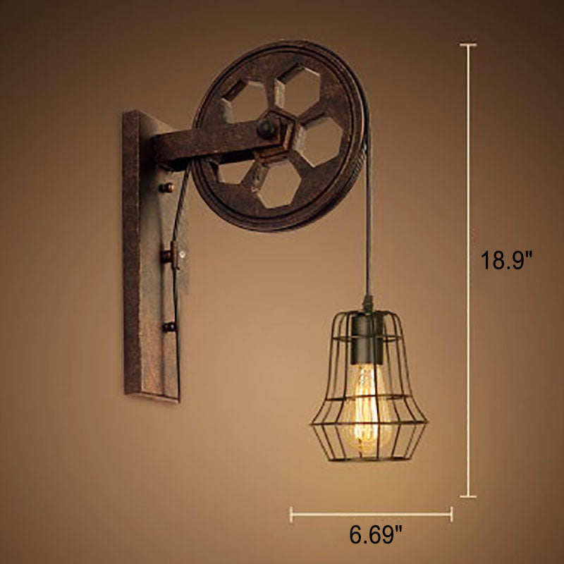 Applique da parete in ferro e legno vintage tradizionale con pulleys a 1 luce